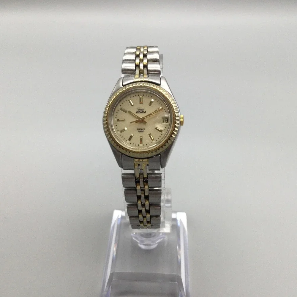 Timex Indiglo Womens Watch 24mm Champagne Dial Two Tone Date New Battery 6.5